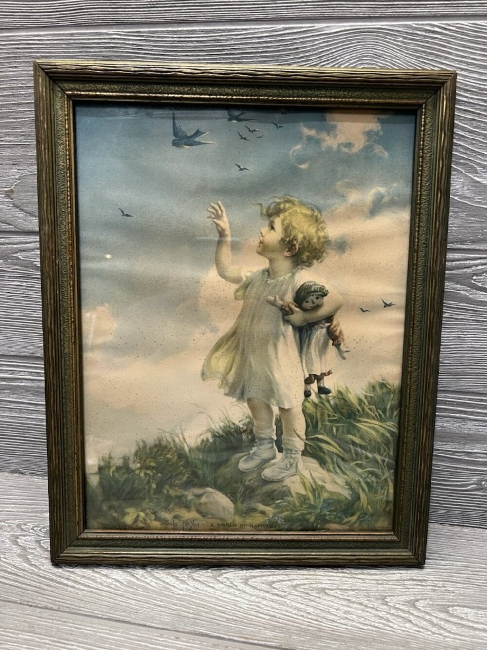 Vintage Framed Art Print Girl w Doll Birds 1940s  Zula Kenyon World of Happiness